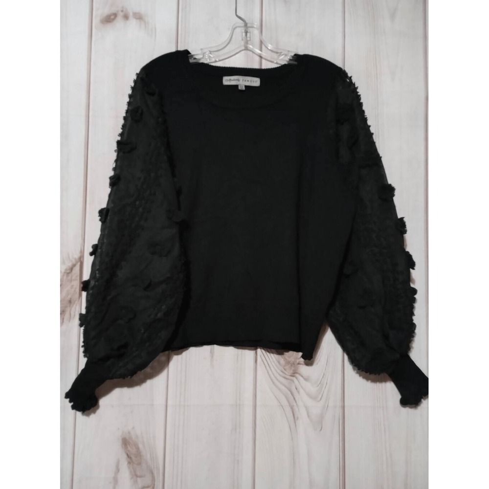 Absolutely Famous Black 2X Sweater with Sheer Textured Sleeves #Black #2X #Sheer